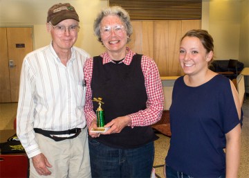 The White-crowned Sparrows team, left to right, Bruce Bonta, the author holding the Coots trophy, and Catherine Farr presenter of the award (Photo by Mike and Laura Jackson)