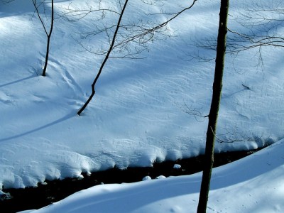 The stream flowing through the snow 