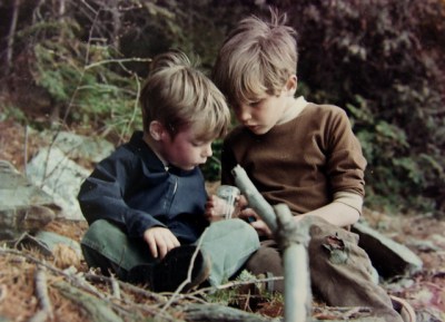 Dave, left, and Steve examine an insect in 1971